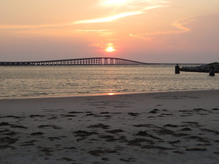 Sunset over the Herbert C. Bonner Bridge near Cape Hatteras KOA Resort on Hatteras Island, Outer Banks