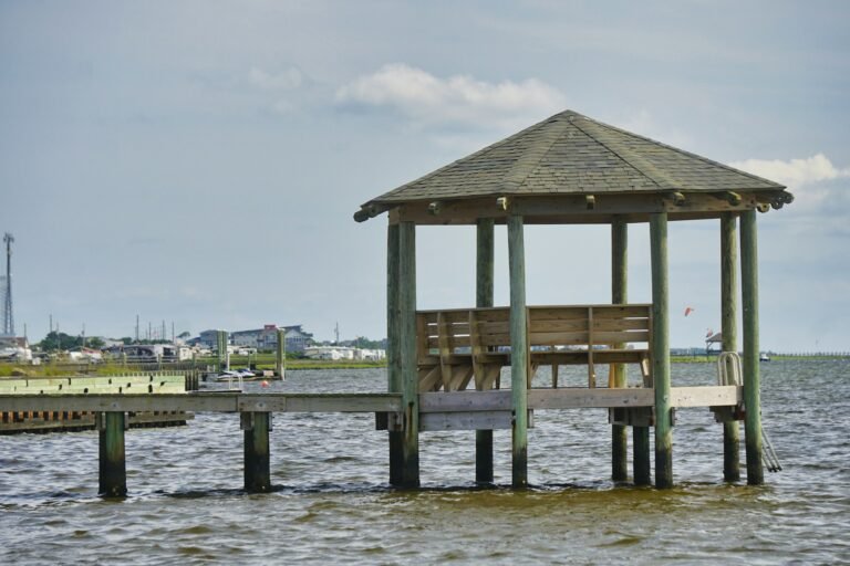 Wooden dock and gazebo extending into Pamlico Sound at Rodanthe, Outer Banks NC