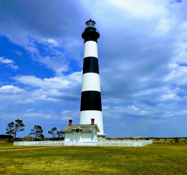 Cape Hatteras Lighthouse with its iconic black-and-white spiral pattern under a blue sky