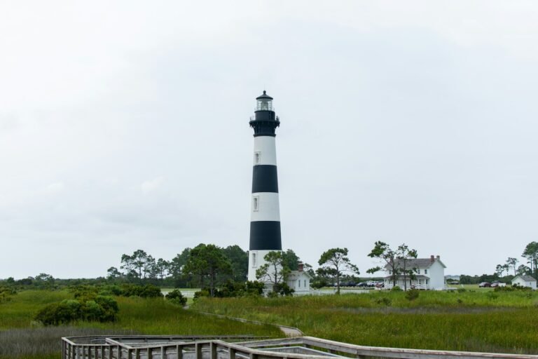 Cape Hatteras Lighthouse near a green grass field on an overcast day