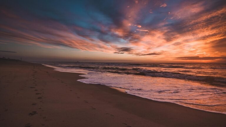 Atlantic waves crashing on the shore during sunset at the Outer Banks
