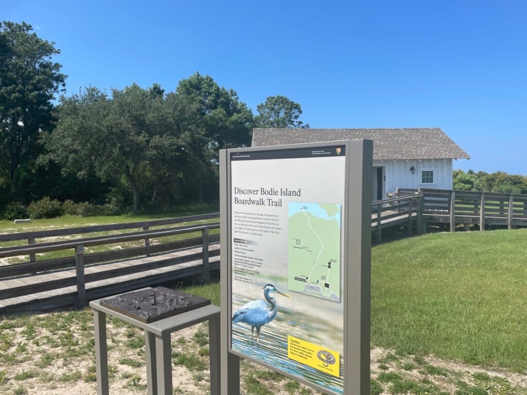 An interpretive tactile exhibit panel on the boardwalk at the Bodie Island Light Station.