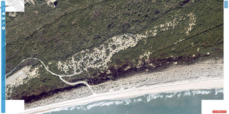 Aerial view of Frisco Campground, a National Park Service campground set among maritime forest and dunes off Billy Mitchell Road near the Atlantic beach in Frisco NC
