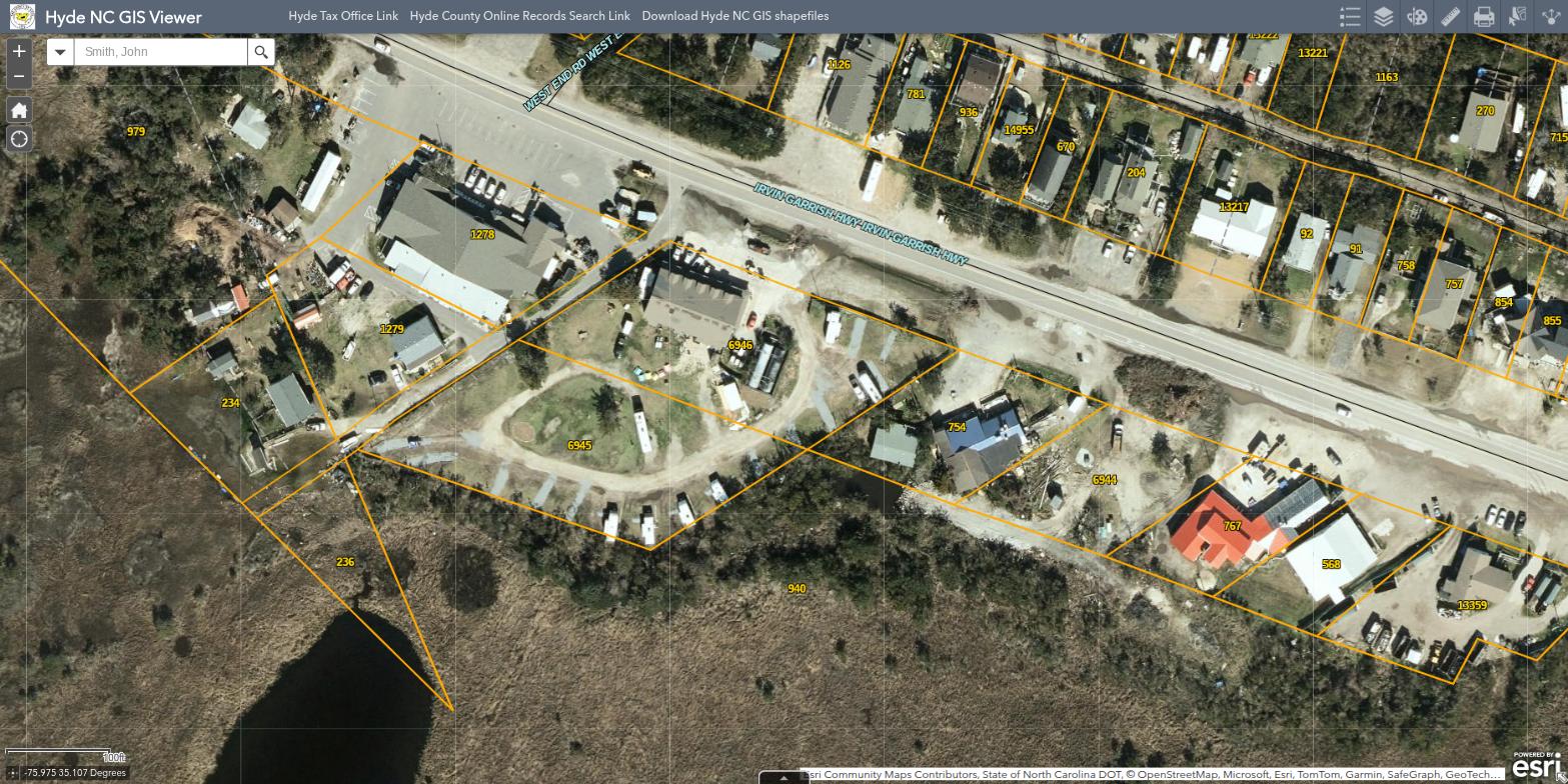 Aerial view of Jerniman's Campground on Ocracoke Island showing RV sites along a loop road off NC Highway 12
