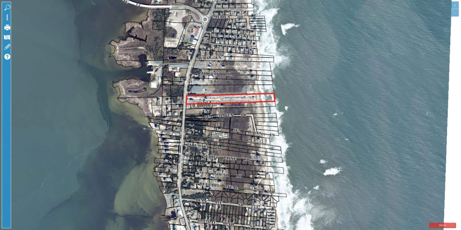 Aerial view of North Beach Campground in Rodanthe between NC Highway 12 and the Atlantic Ocean
