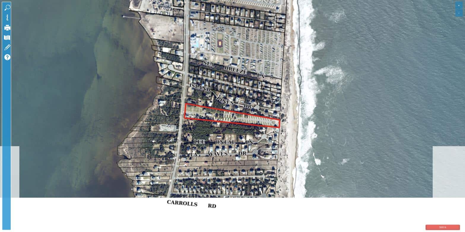 Aerial view of Ocean Waves Campground, an RV park on Island Pines Drive at 25313 NC Highway 12 in Waves, North Carolina, between the Atlantic Ocean and Pamlico Sound.