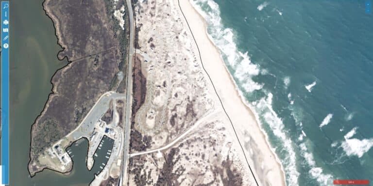 Aerial view of Oregon Inlet Campground, a National Park Service oceanfront campground on Bodie Island near the Oregon Inlet marina, Nags Head NC