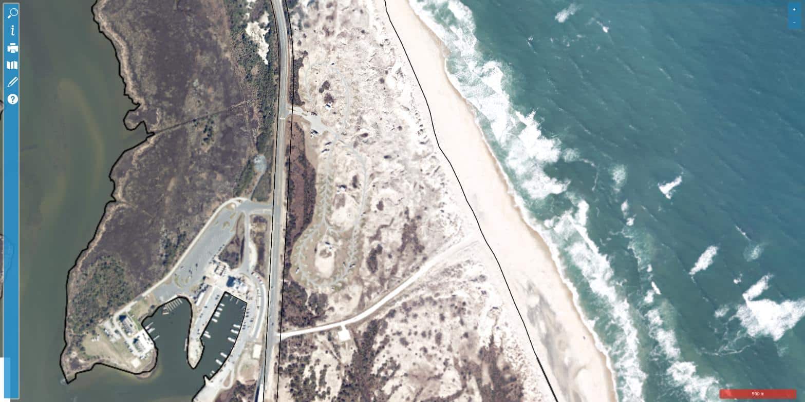Aerial view of Oregon Inlet Campground, a National Park Service oceanfront campground on Bodie Island near the Oregon Inlet marina, Nags Head NC