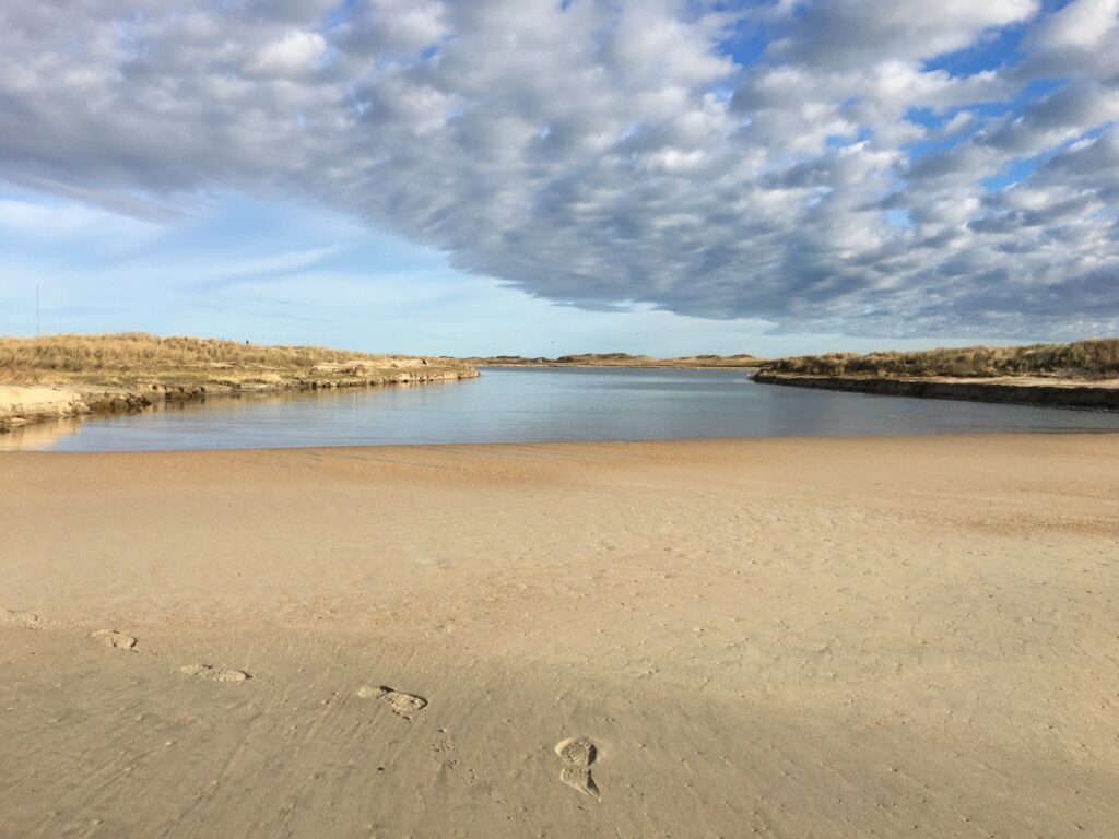 Shallow water draining across flat sand just west of Cape Point on a calm day.