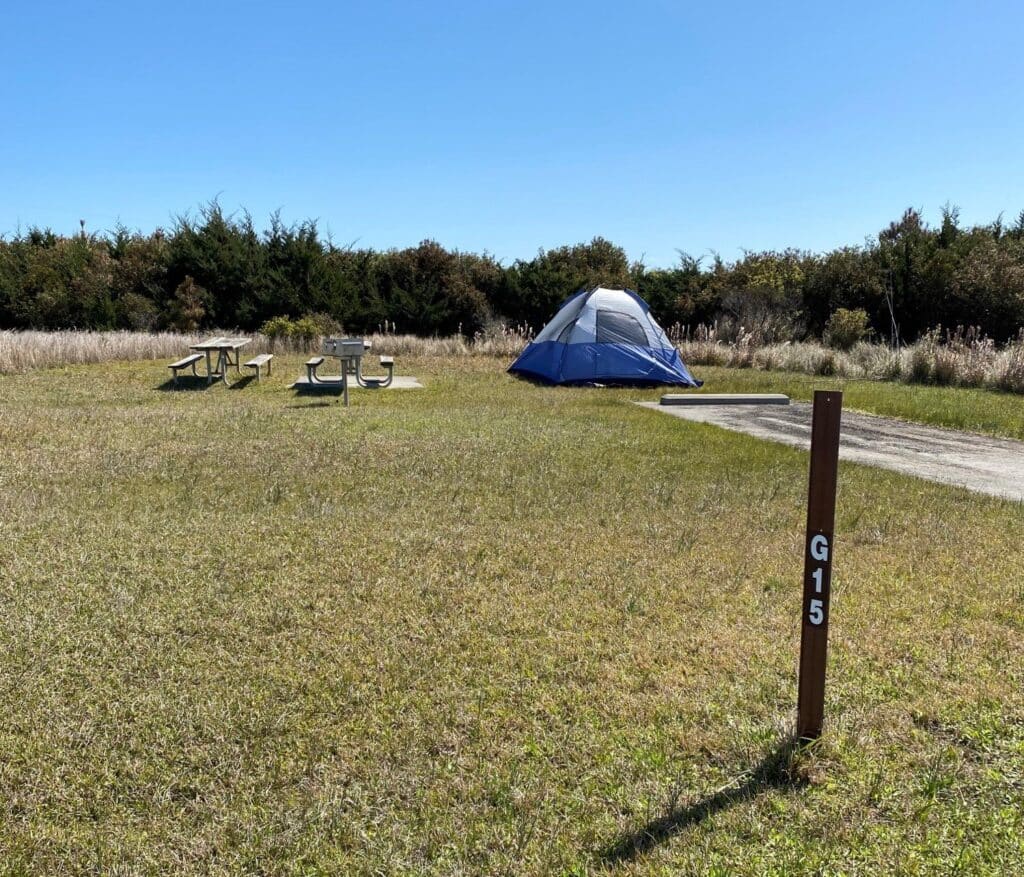 A dome tent pitched on a grassy campsite loop at a Cape Hatteras National Seashore campground.