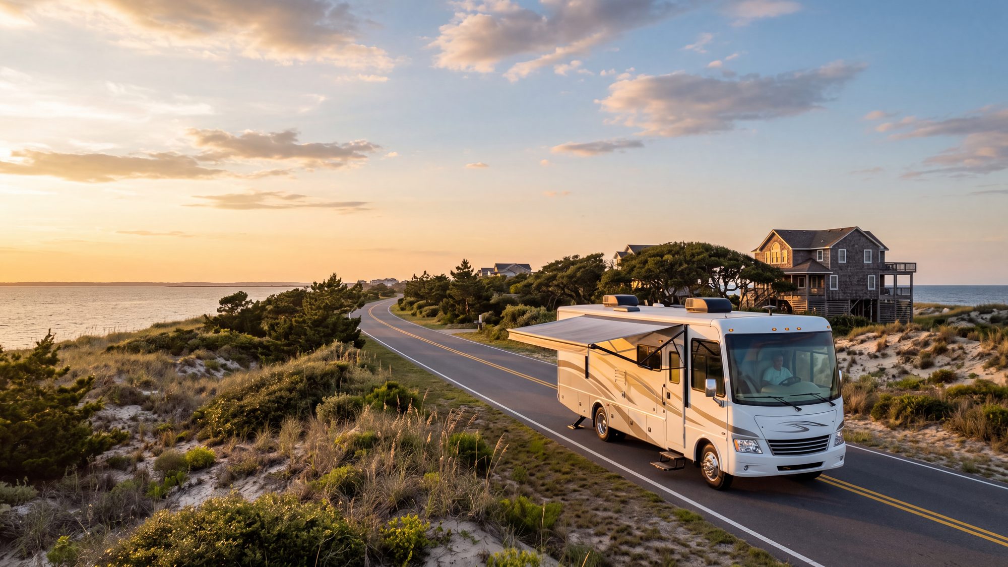A white Class A motorhome driving a two-lane island highway at golden hour with dunes on one side — Outer Banks, NC