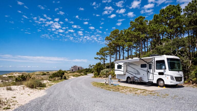 A motorhome on a long level gravel pull-through site with a power pedestal beside it, loblolly pines behind — Outer Banks, NC