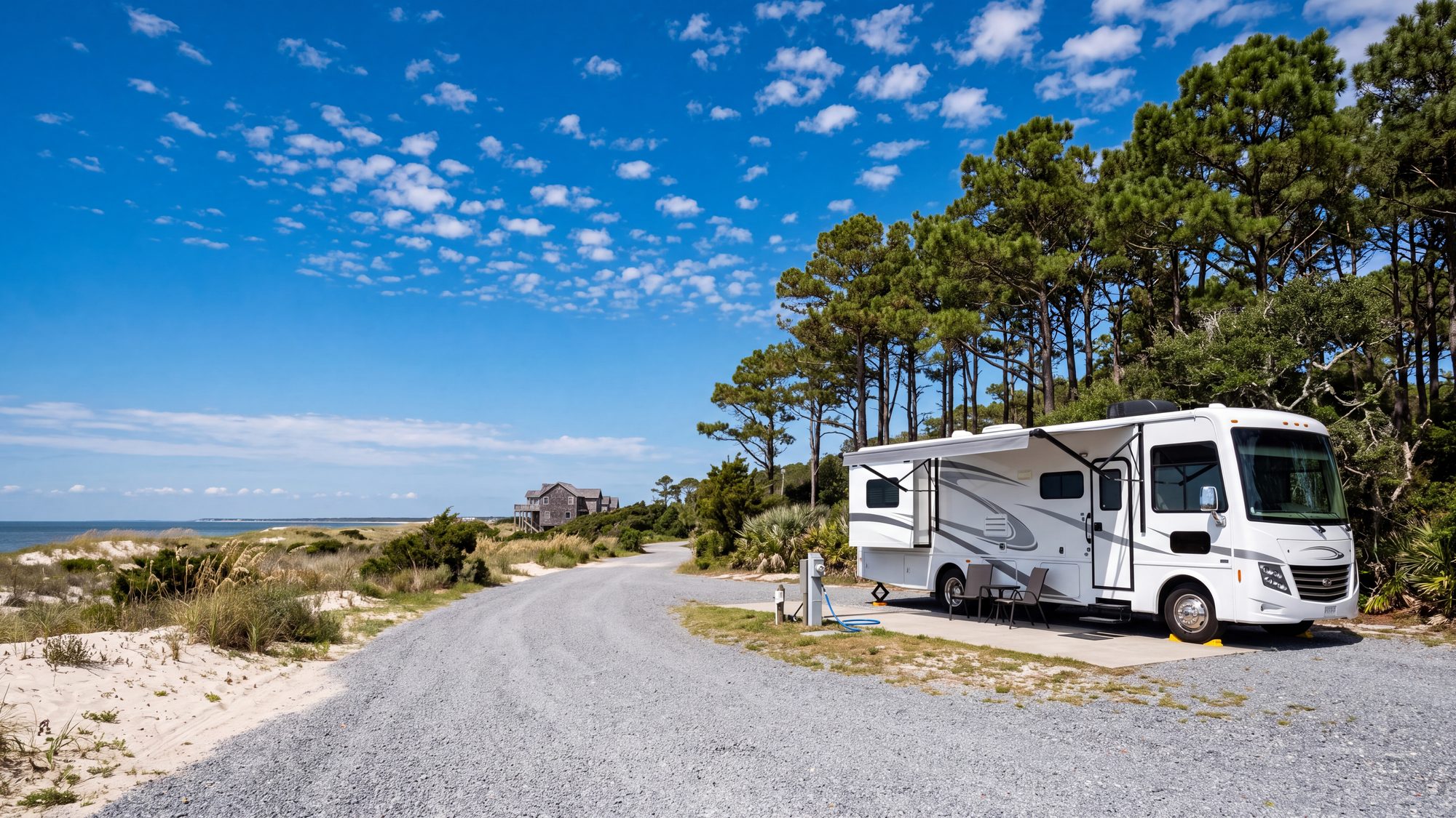 A motorhome on a long level gravel pull-through site with a power pedestal beside it, loblolly pines behind — Outer Banks, NC