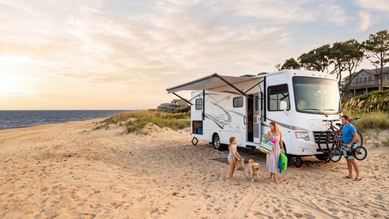 A white Class A motorhome on a sandy site with a family unloading bikes and beach gear, dunes behind — Outer Banks, NC