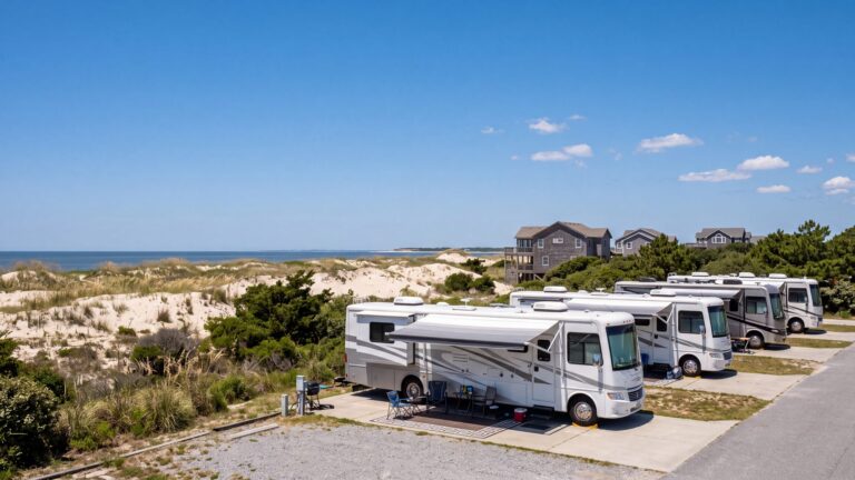 Several white Class A motorhomes lined up in a neat row on paved pads at a tidy campground with dunes beyond — Outer Banks, NC
