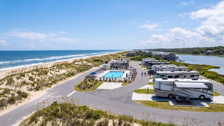 A wide manicured RV resort with paved pads, rows of motorhomes and a pool between the ocean dunes and the sound — Outer Banks, NC
