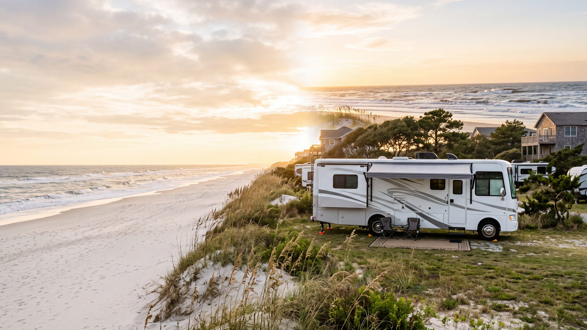 A large oceanfront campground of white Class A motorhomes on grass behind a low dune line with the surf just beyond — Outer Banks, NC