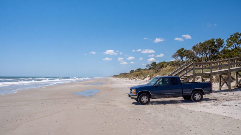 A four-door pickup truck with all doors on driving on hard sand at low tide past a wooden beach access ramp — Outer Banks, NC