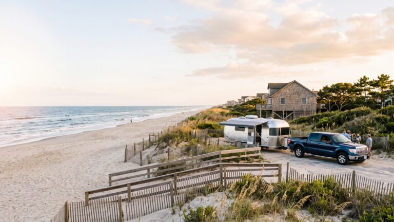 A travel trailer and pickup parked at the top of a sandy beach access between dune fences, the wide beach below — Corolla, Outer Banks NC