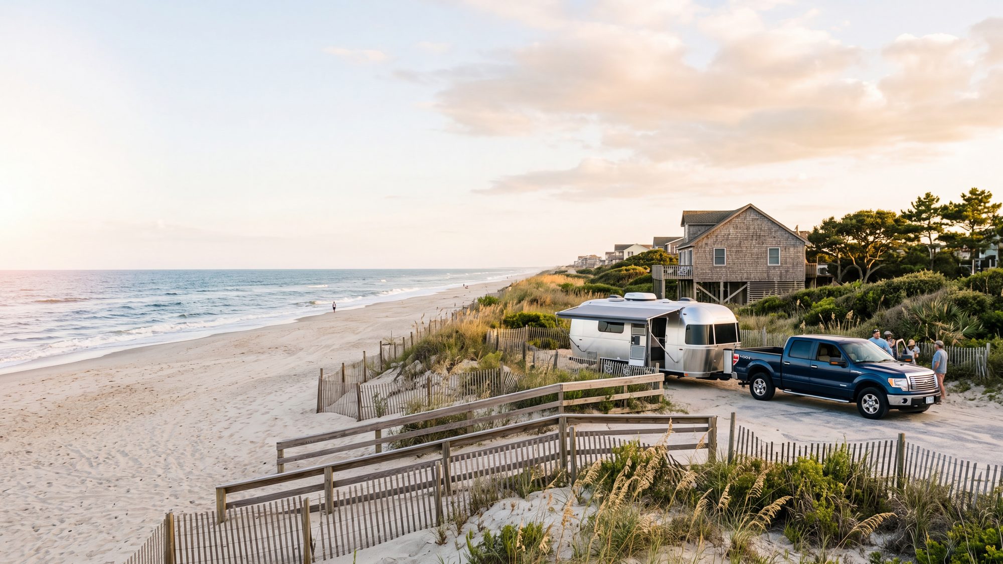 A travel trailer and pickup parked at the top of a sandy beach access between dune fences, the wide beach below — Corolla, Outer Banks NC