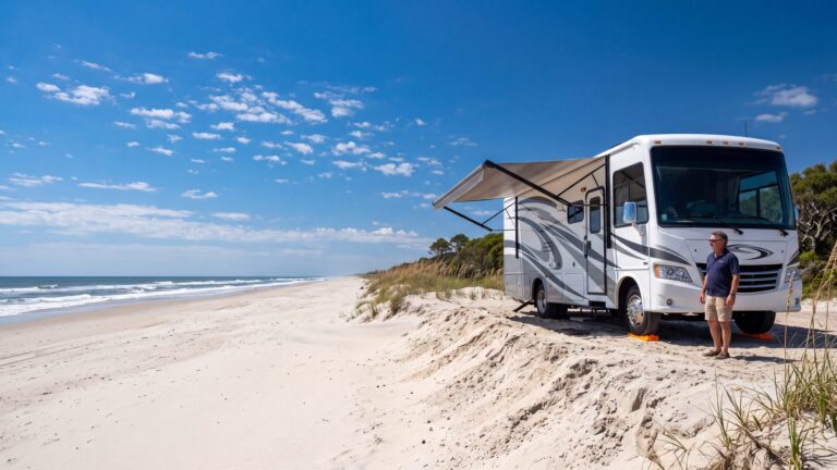 A white Class A motorhome stopped at the top of a soft sandy beach ramp, the driver eyeing the deep loose sand — Outer Banks, NC