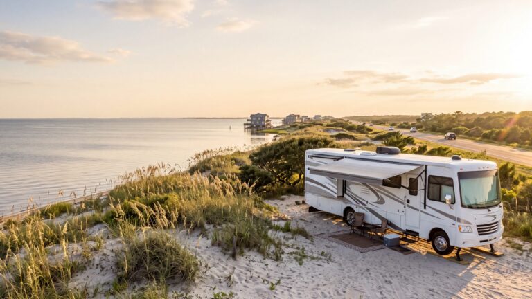 A white Class A motorhome on a sandy site among sea oats with a long low island highway and the sound visible beyond — Outer Banks, NC