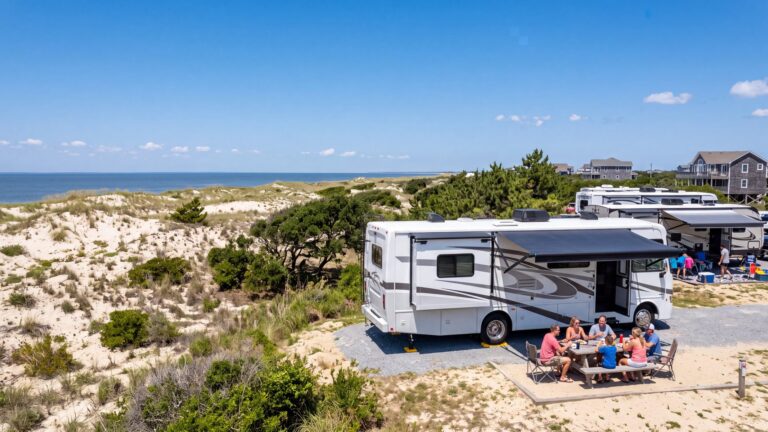 A busy holiday-weekend campground with several white Class A motorhomes set up, awnings out and families at picnic tables — Outer Banks, NC