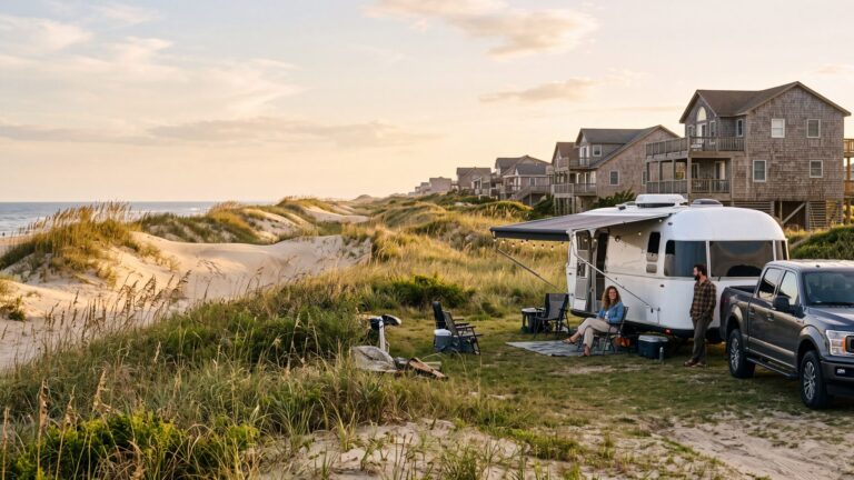 A white travel trailer on a grassy campsite behind tall dunes with cedar-shingled beach houses along the dune line — Outer Banks, NC