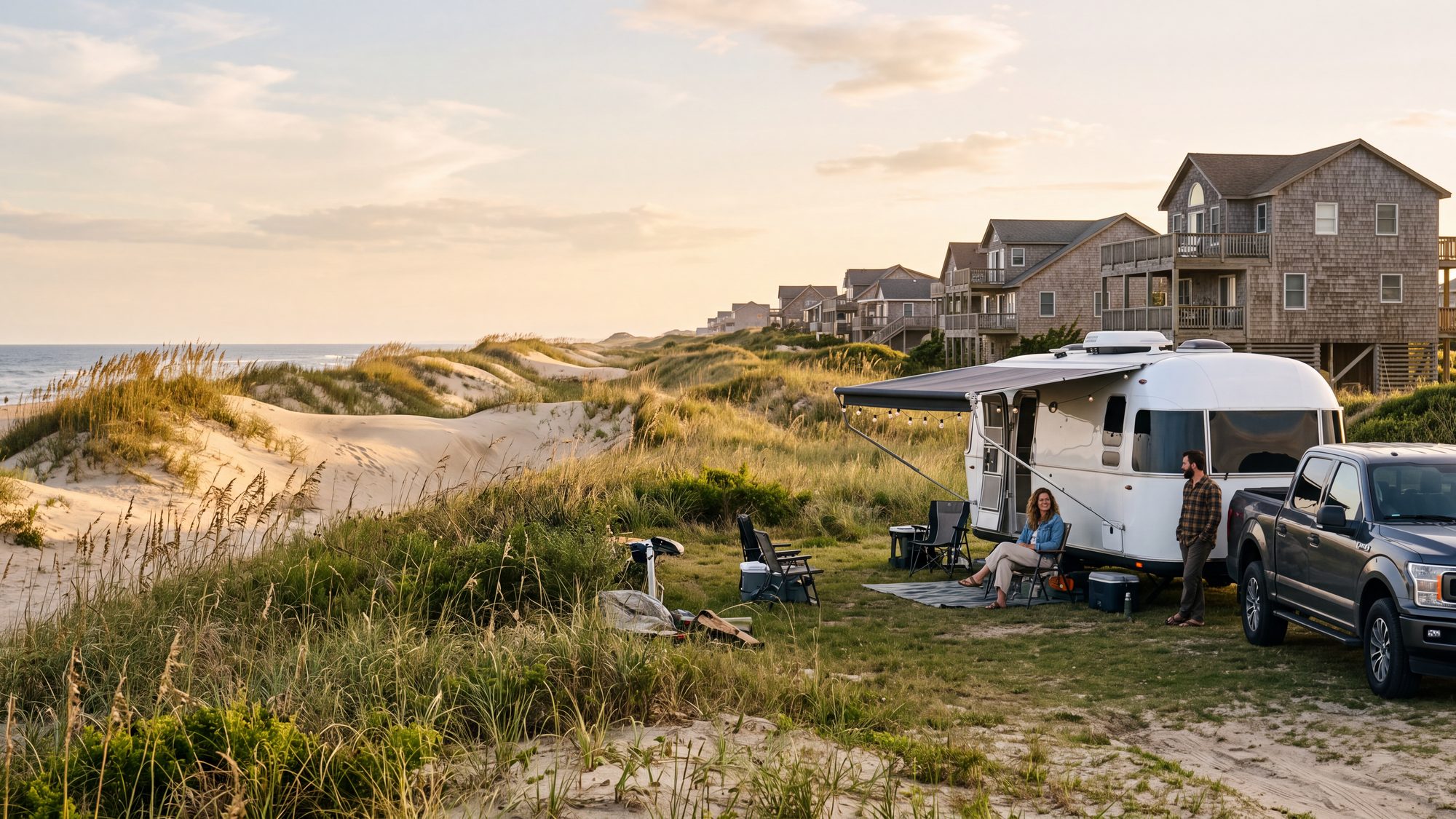 A white travel trailer on a grassy campsite behind tall dunes with cedar-shingled beach houses along the dune line — Outer Banks, NC