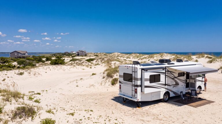 Flexible solar panels laid flat on the roof of a white Class A motorhome on a bare sandy campsite — Outer Banks, NC