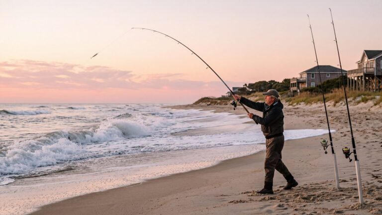 An angler casting a long surf rod into breaking waves beside three rods standing in sand spikes — Outer Banks, NC