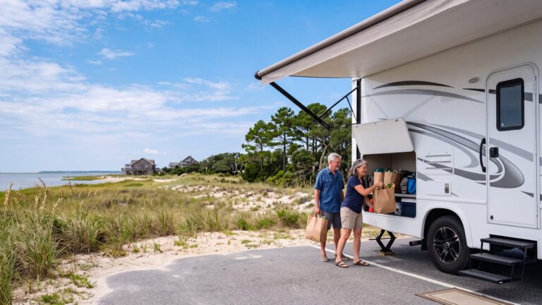 A couple loading paper grocery bags into the side bay of a white Class A motorhome parked at the edge of an asphalt lot — Outer Banks, NC