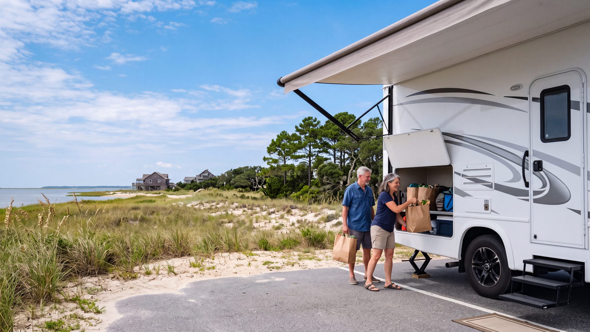 A couple loading paper grocery bags into the side bay of a white Class A motorhome parked at the edge of an asphalt lot — Outer Banks, NC
