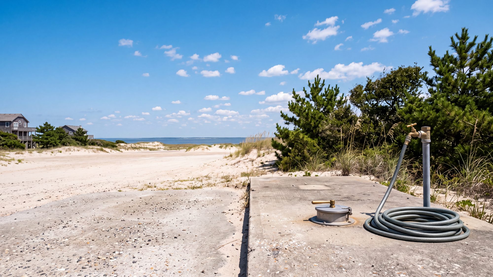 A concrete RV dump station pad with a capped inlet and a rinse spigot, a coiled hose beside it, low pines behind — Outer Banks, NC