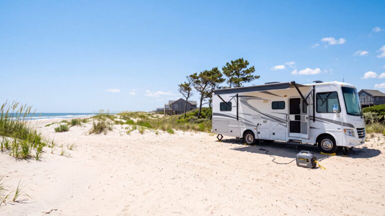 A small portable generator on the sand beside a white Class A motorhome with a short cord running to the camper — Outer Banks, NC