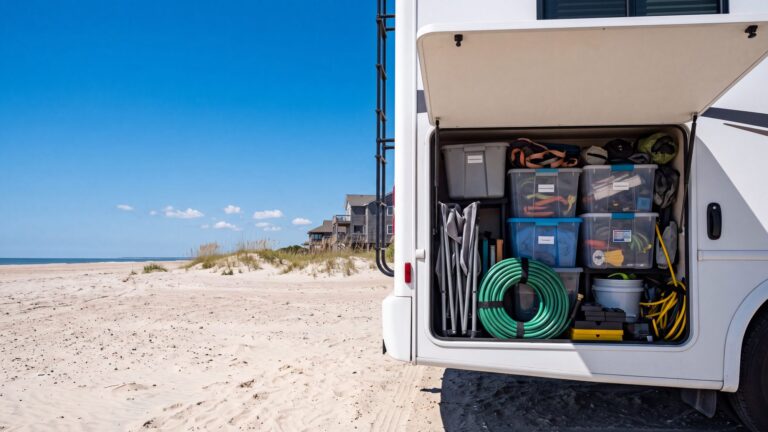 An open storage bay of a motorhome with neatly packed bins, a folded chair and a coiled hose, on a sandy site — Outer Banks, NC