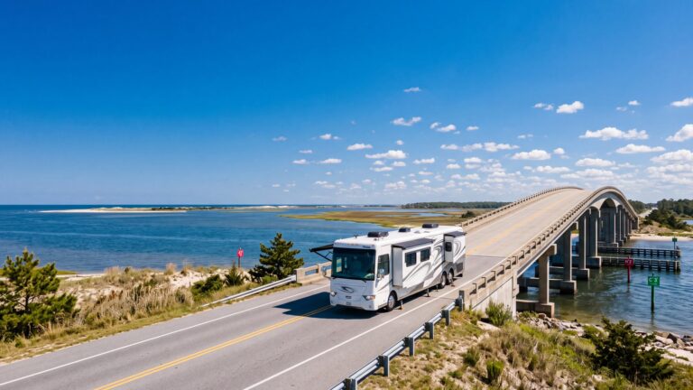 A white Class A motorhome approaching a tall arching concrete bridge over an inlet with the marked channel below — Outer Banks, NC