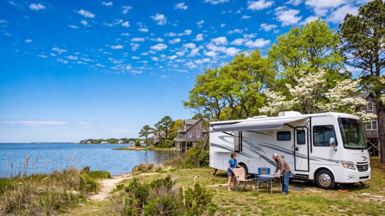 A white Class A motorhome with its awning out on a grassy sound-side campsite in late spring, a couple setting up camp chairs — Outer Banks, NC