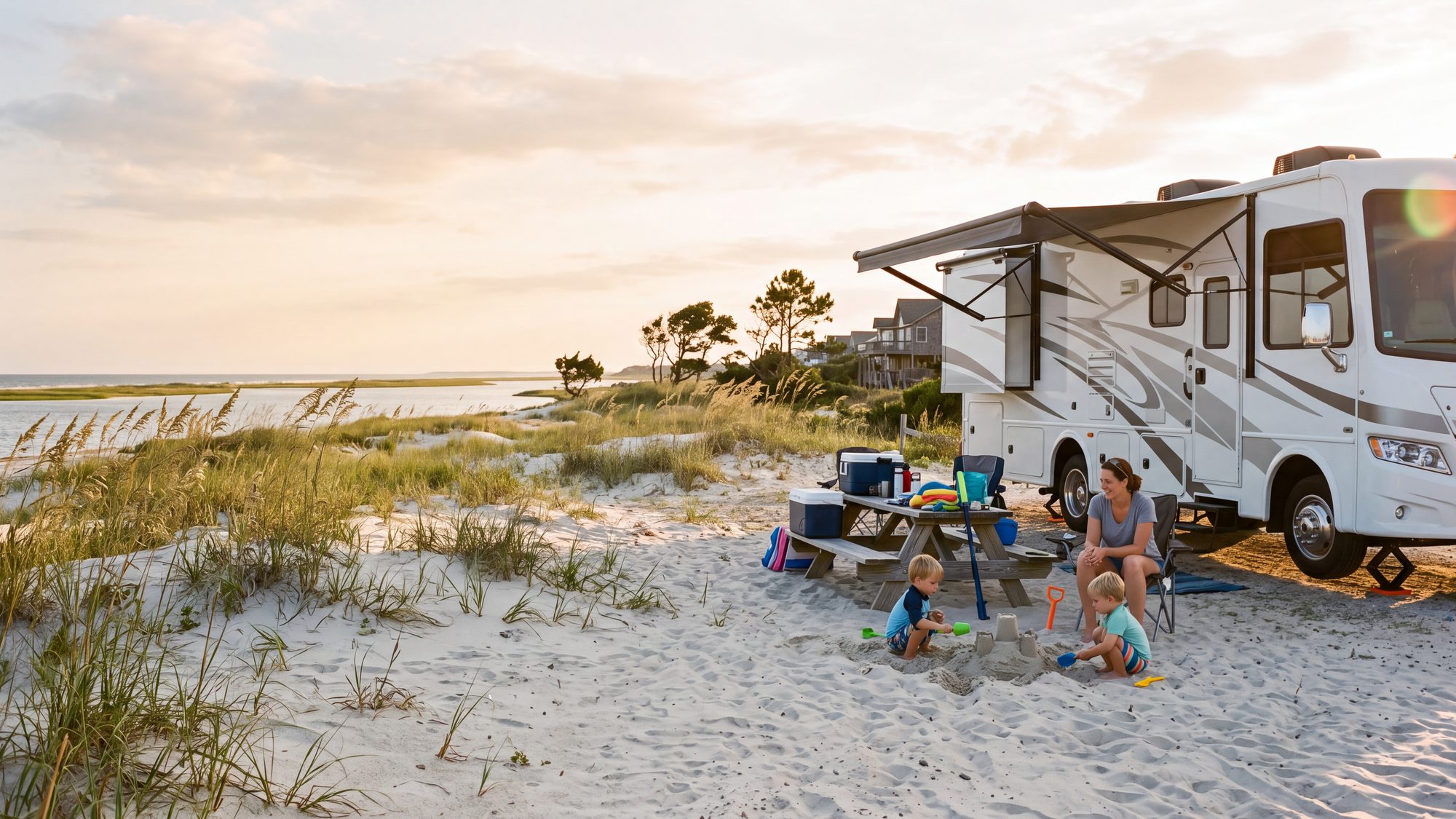 Two kids playing in the sand beside a picnic table under the awning of a white Class A motorhome while a parent watches — Outer Banks, NC