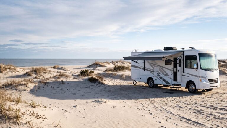 A white Class A motorhome alone on a bare sandy site in crisp winter light with a cold flat sea beyond and nobody about — Outer Banks, NC