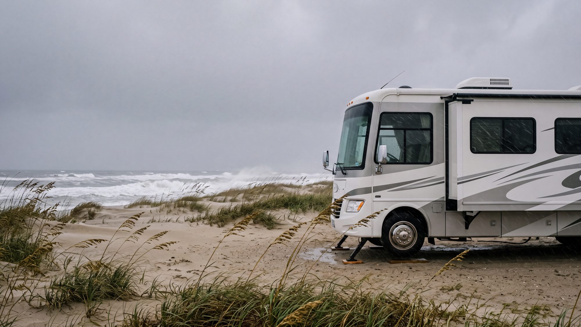 A white Class A motorhome on a sandy site with wind-driven rain streaking past and dune grass flattened, its awning stowed — Outer Banks, NC