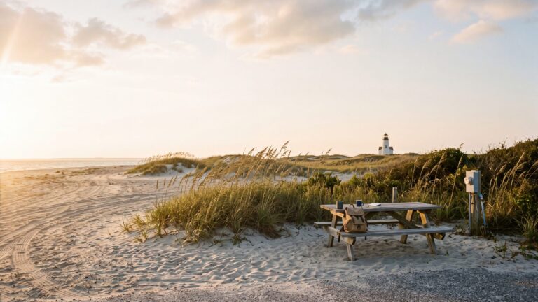 An empty island campsite with a picnic table in the dunes and sea oats, a white lighthouse behind — Ocracoke, Outer Banks NC