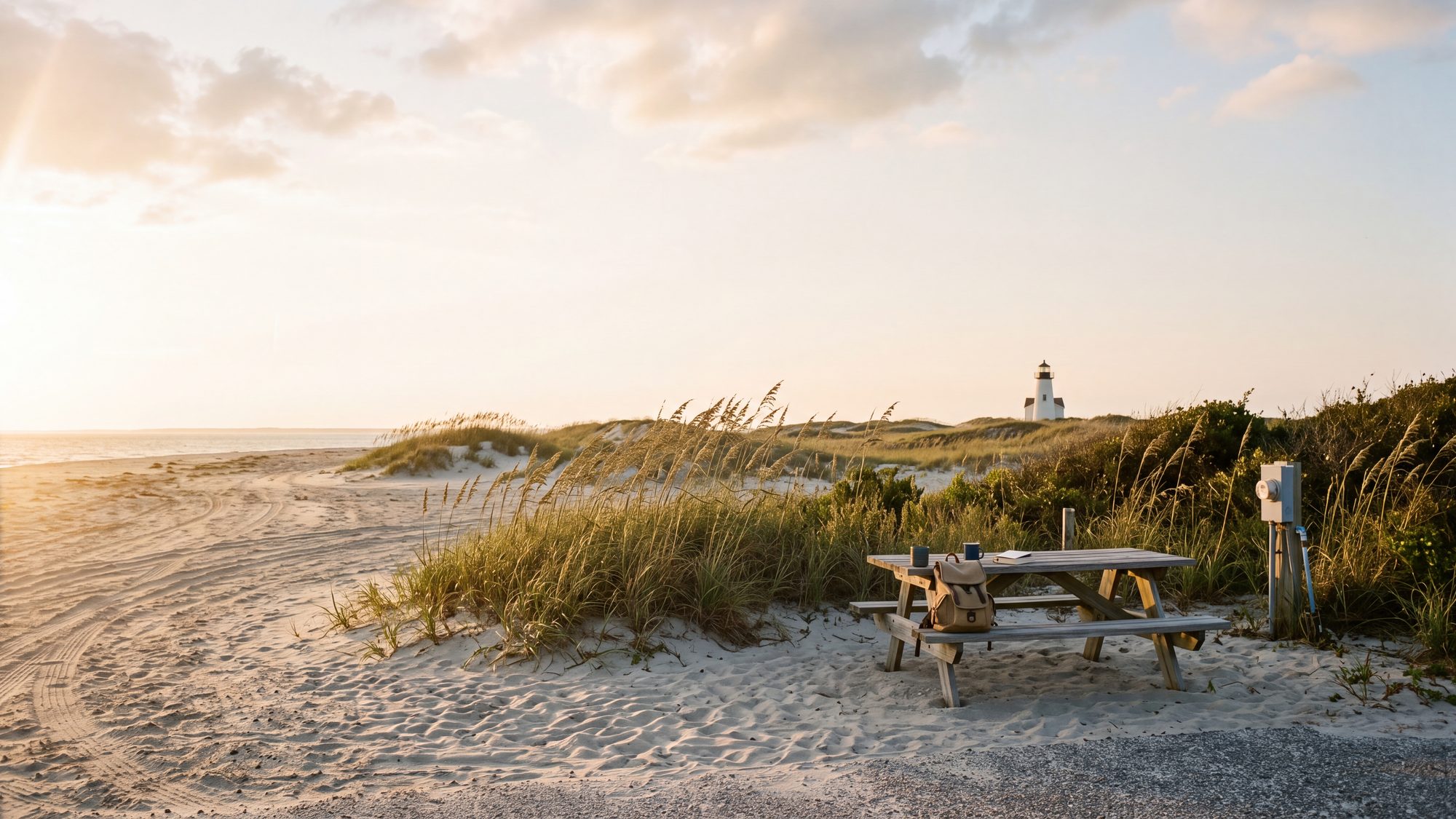 An empty island campsite with a picnic table in the dunes and sea oats, a white lighthouse behind — Ocracoke, Outer Banks NC