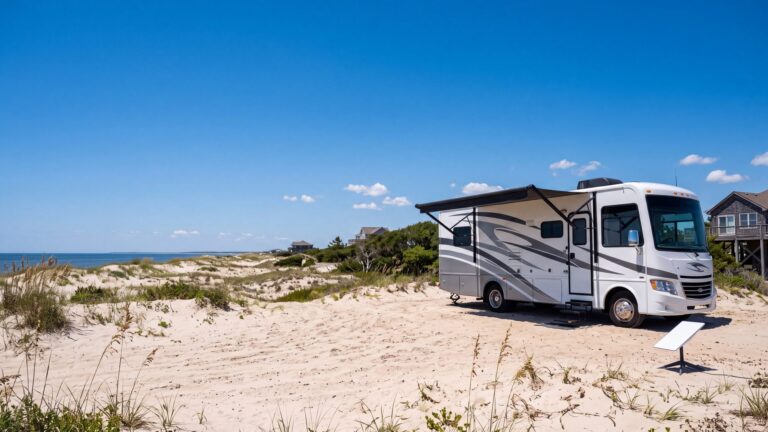 A small flat white satellite dish on a tripod on the sandy ground beside a white Class A motorhome, aimed at a clear sky — Outer Banks, NC