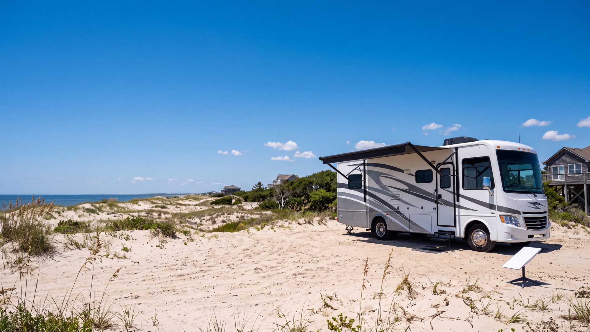 A small flat white satellite dish on a tripod on the sandy ground beside a white Class A motorhome, aimed at a clear sky — Outer Banks, NC