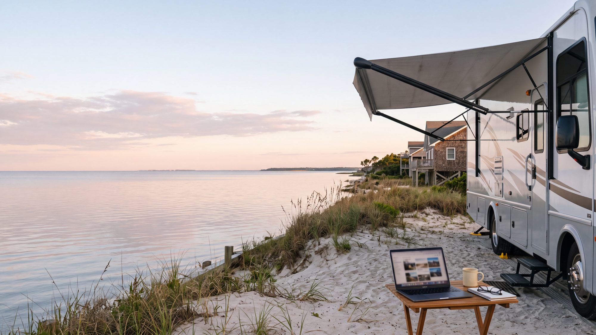 A laptop open on a small folding table under the awning of a white Class A motorhome with a mug beside it, the sound flat behind — Outer Banks, NC