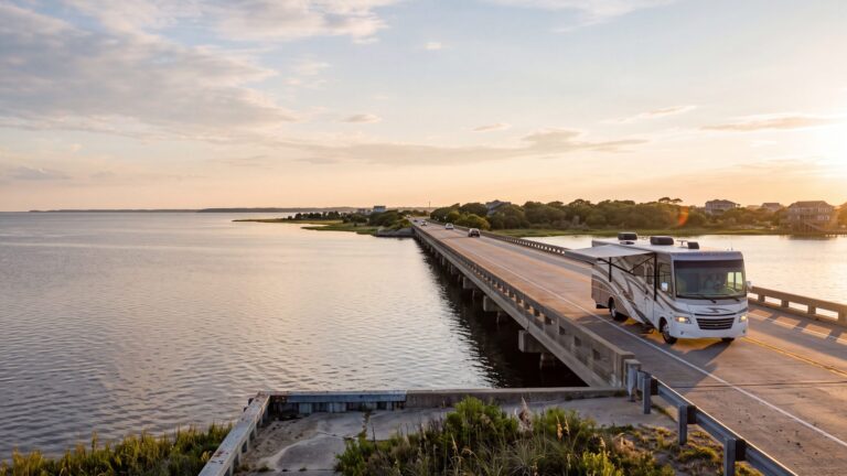 A white Class A motorhome crossing a long low concrete highway bridge over a wide flat sound, seen from the shoulder — Outer Banks, NC